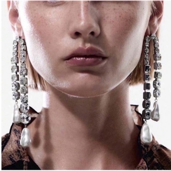 New! Zara Rhinestone Pearl Drop Earrings (3039) NWOT - Picture 2 of 4